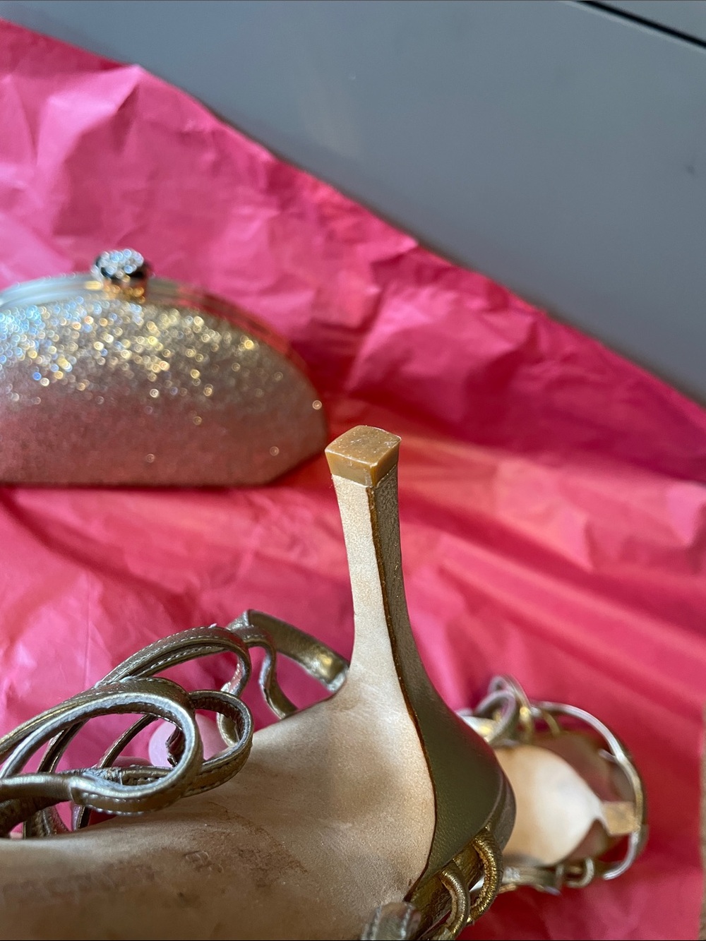 Manolo Blahnik Metallic Gold Multi-Strap Heeled Sandals - bonus cute gold clutch - Picture 7 of 14